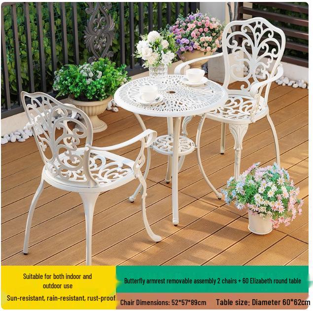 White Wrought Iron Cast Aluminum Outdoor Patio Table and Chairs Set - Waterproof Villa Courtyard Garden Balcony Furniture