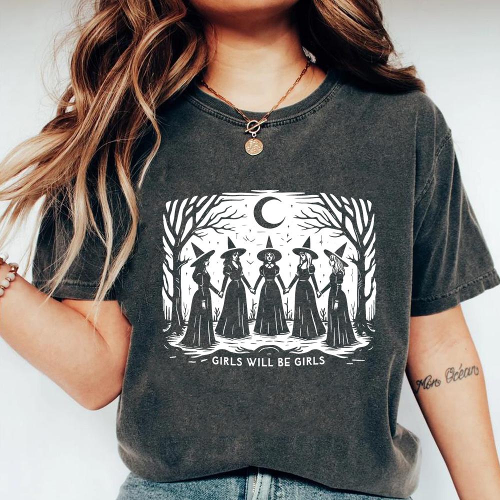 Halloween Witch Shirt Vintage Girls Will Be Girls Witch T-Shirt Women Feminist Tee Ironic Aesthetic Shirts Spooky Season Tops S