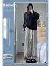 High-Quality Women's Retro Striped Wool Pants - Autumn/Winter Casual High-Waisted Slimming Straight-Leg with Wide-Leg Drape