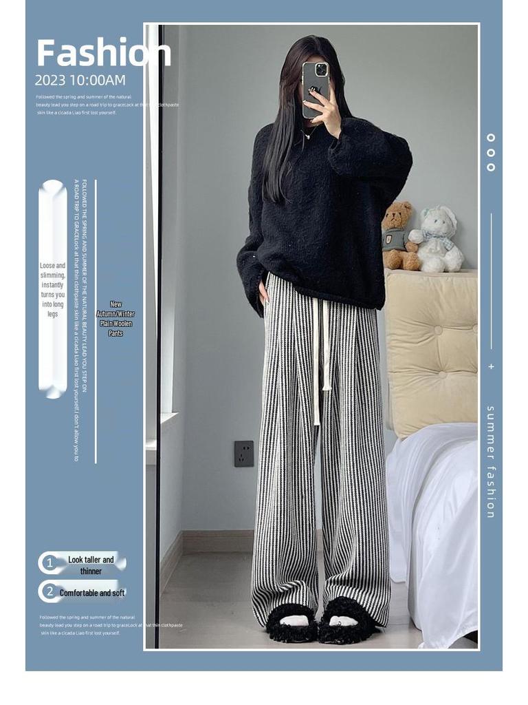High-Quality Women's Retro Striped Wool Pants - Autumn/Winter Casual High-Waisted Slimming Straight-Leg with Wide-Leg Drape