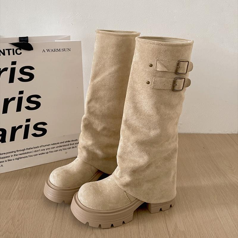 

New Design Belt Buckle Square Heels Woman Knight High Boots Street Style Party Dress Long Booties Autumn Winter Ladies Shoes 35