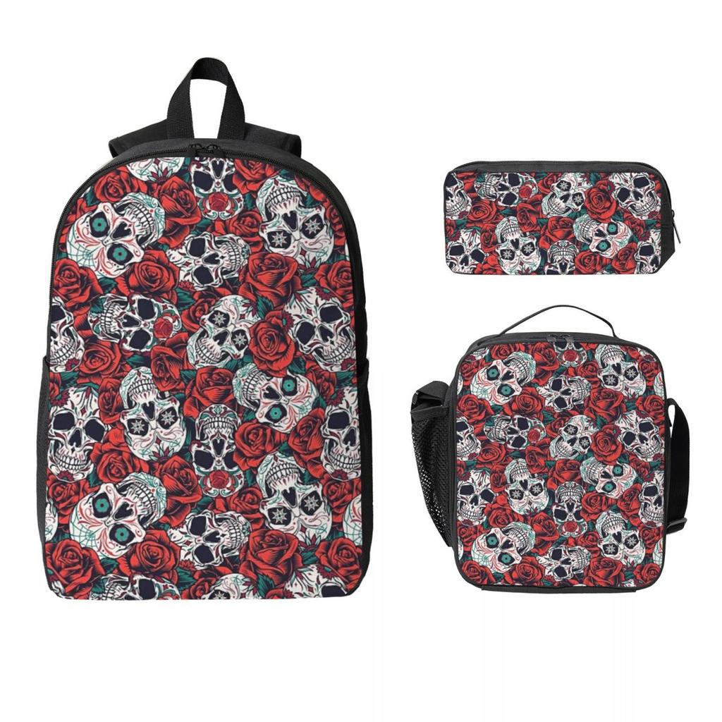 Vintage Floral Skull Roses Backpack Student BookBag School Bag Computer Shoulder Bags 3ps Insulated Lunch Bag Pencil Case