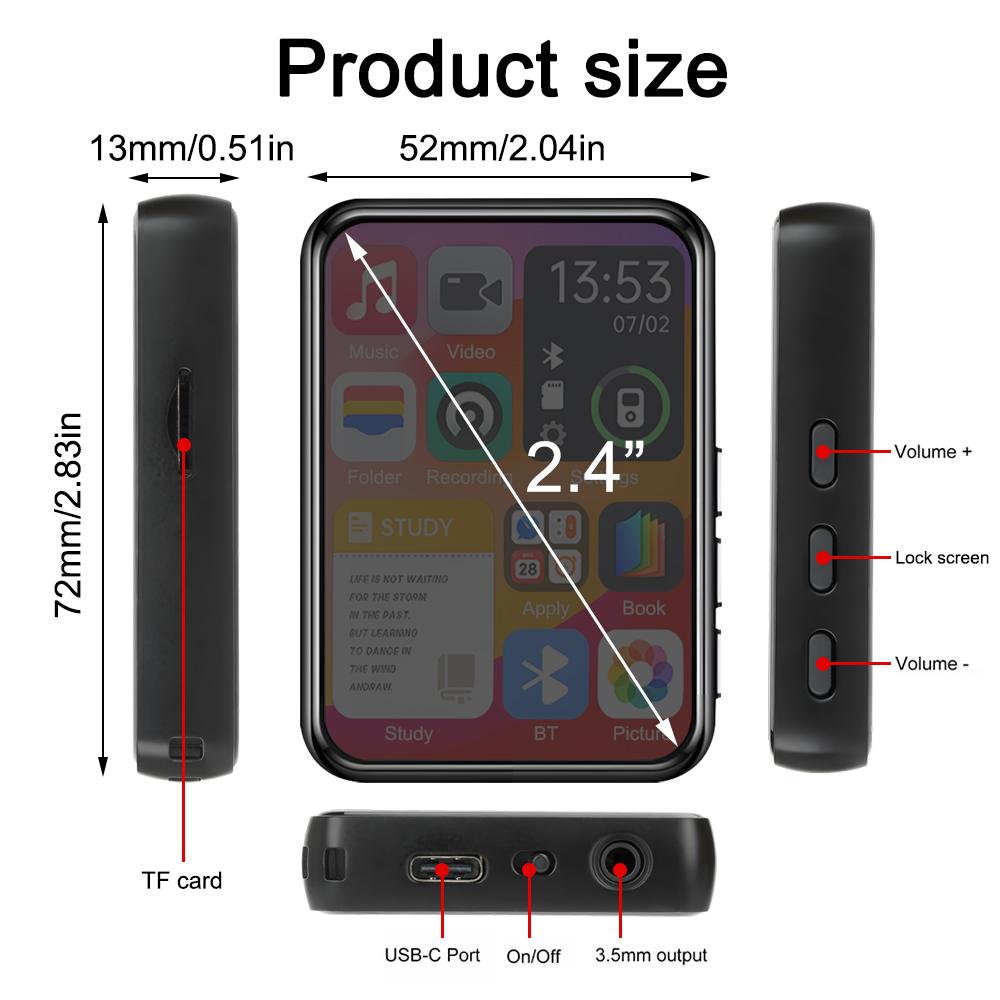 Portable 2.4 Inch Touch Screen MP3 Player Bluetooth Built-in Speaker HiFi Music MP3 32GB Walkman Video Playback Voice Recorder