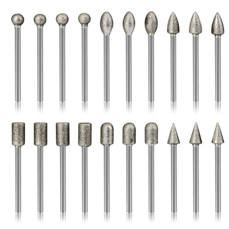 20pcs 3mm Diamond Grinding Heads Mini Bit For Rotary Drill Tool Burrs Grinding Accessories  Shank Tools Kit Abrasive Tool
