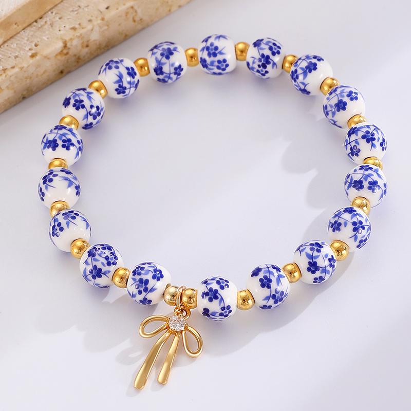 Handmade Bow Blue White Ceramic Bracelet Chinese Adjustable Elastic Rope able Girl Pendant Bracelet Accessories Gift