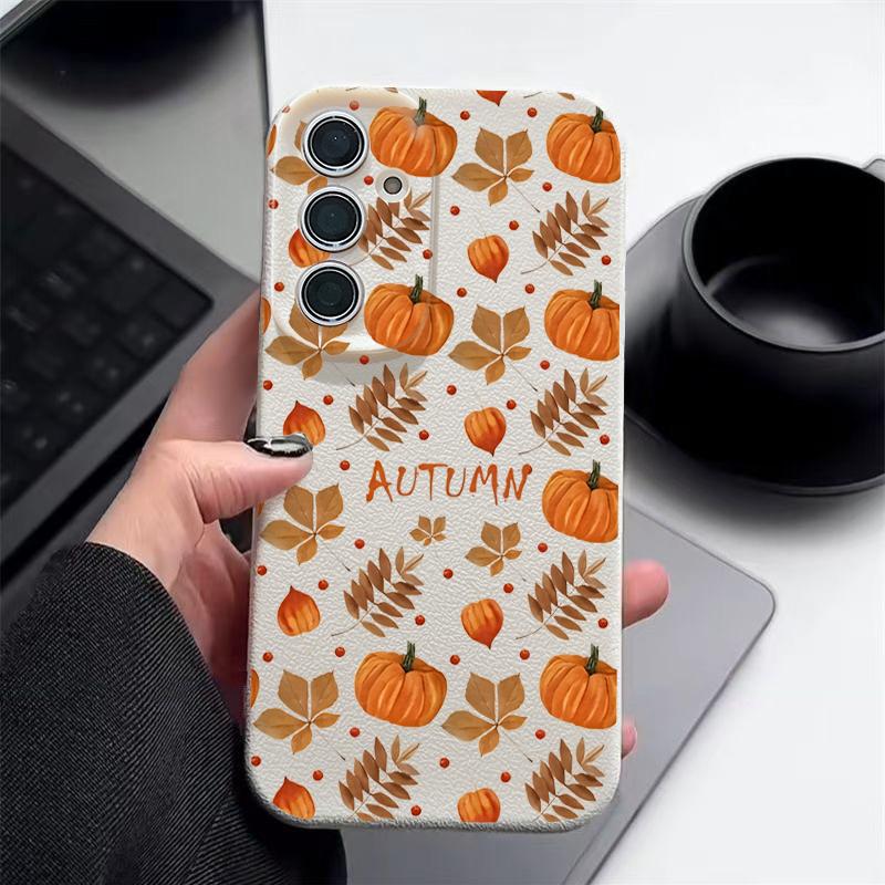 Herbst Kürbisdruck Handyhülle Für Samsung Galaxy S25 Edge S24 S25 FE S23 S22 Ultra A17 A56 A55 A54 A36 A15 A16 Silikon Ledertextur Cover