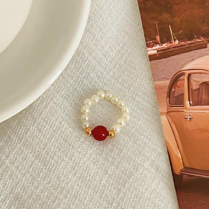 Pearl Beaded Ring Women's Elastic Rope Literary Stacking Index Finger Ring High-end Handmade Ring Jewelry