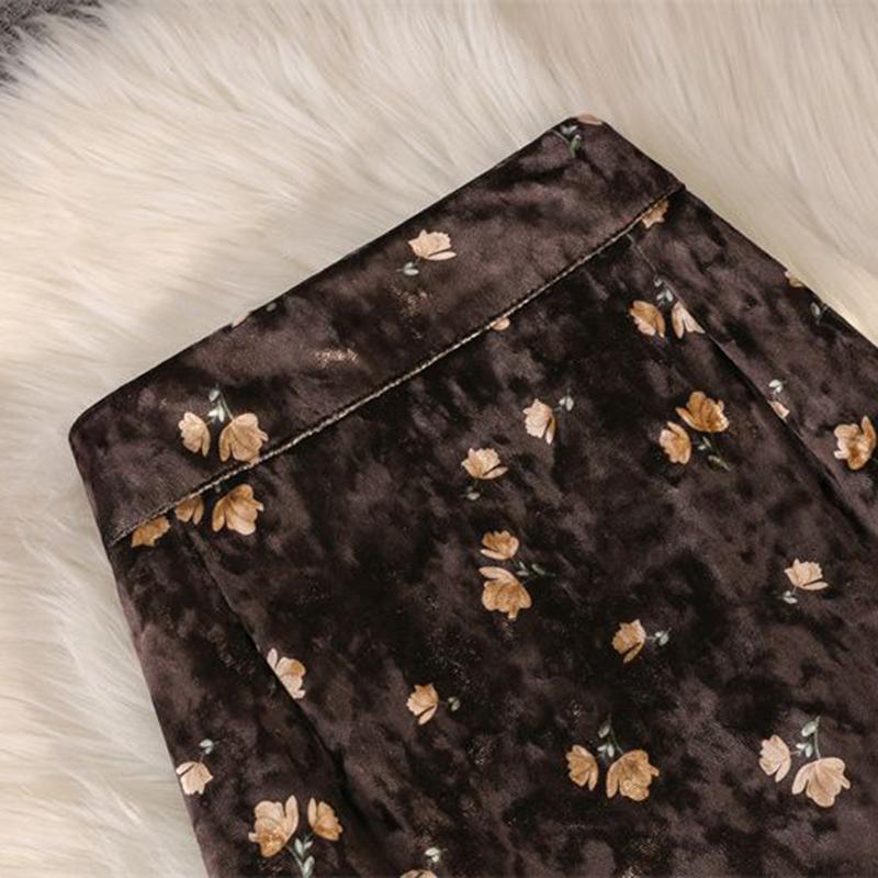 Fusta pe jumatate de toamna si iarna Fusta de dama Retro auriu cu imprimeu din catifea Fusta lunga de dama