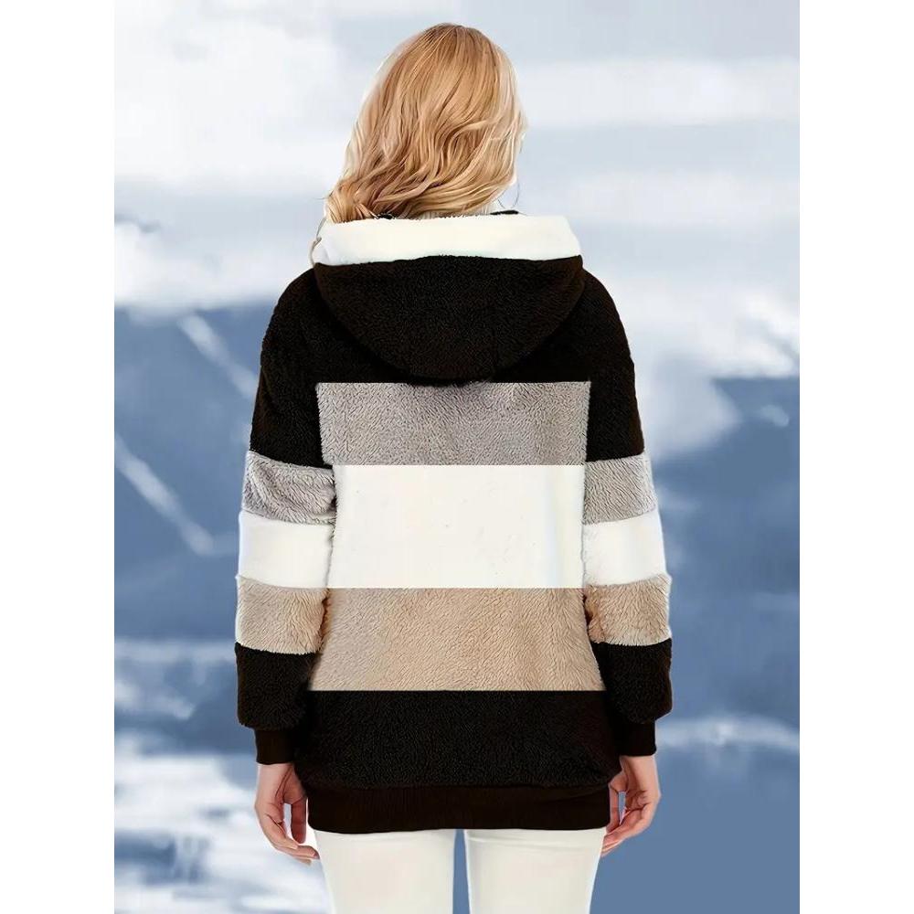 Elegant Fleece-Lined Hooded Jacket with Zip Pockets for Fall/Winter