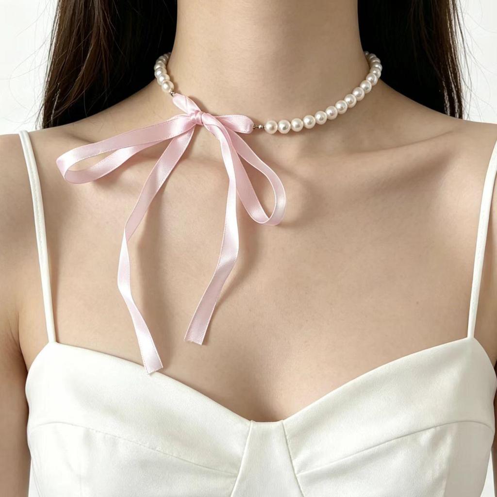 Korean Faux Pearl Multicolor Ribbon Bow Necklace - Stylish & Versatile Women's Fashion.