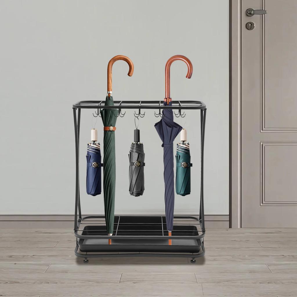Black Umbrella Holder Stand with 18 Slots & 10 Hooks - Freestanding Umbrella Rack Organizer for Home & Office (55 Lbs Capacity)