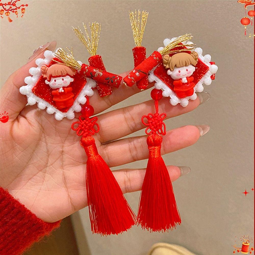 Plush Chinese New Year Headwear Tassel Hanfu Hair Sticks Sweet Children Red Bow Hairpin Baby