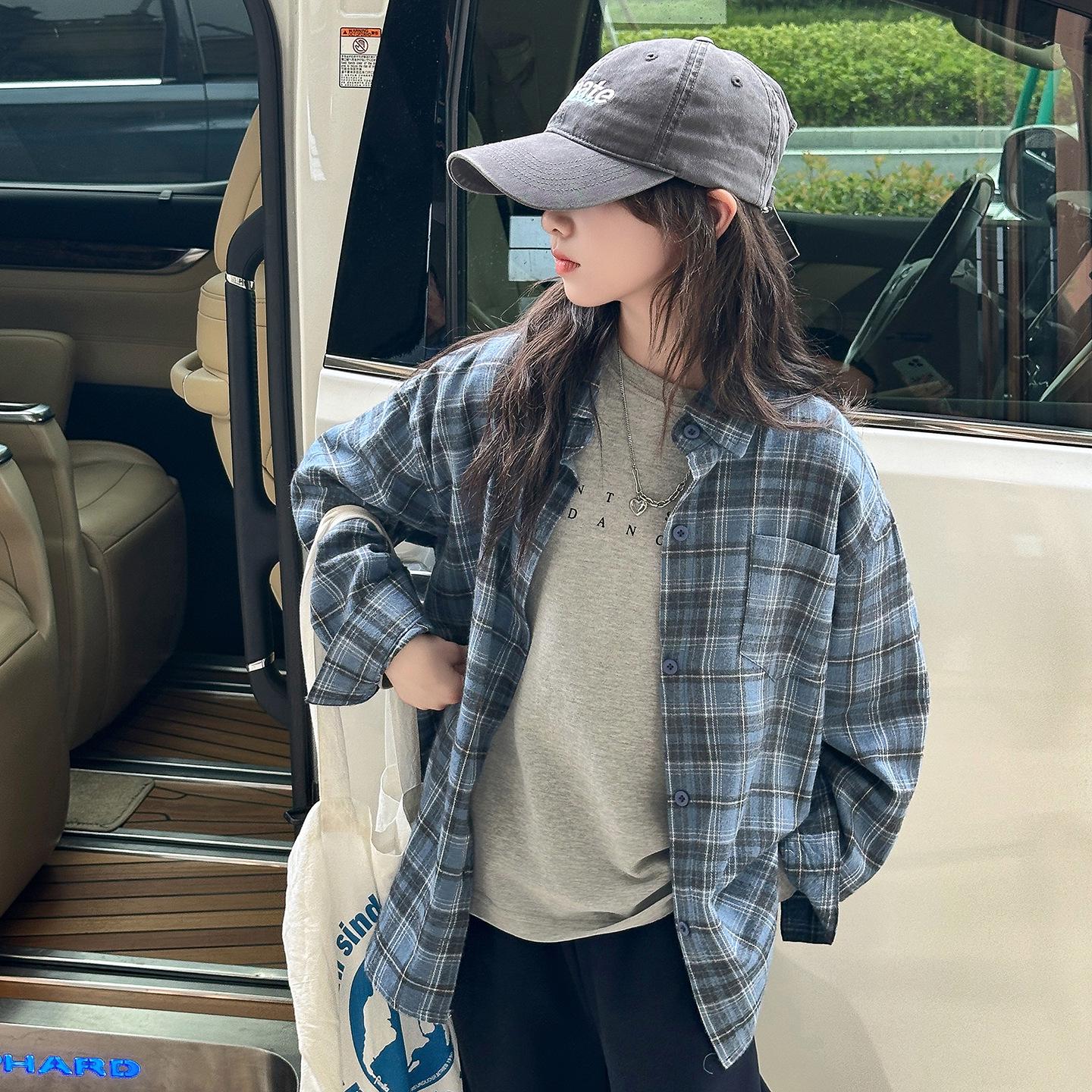 

Girls Plaid Long Sleeve Shirt - 2025 Fashionable, Versatile Autumn/Spring Outerwear for Big Kids 150cm синій