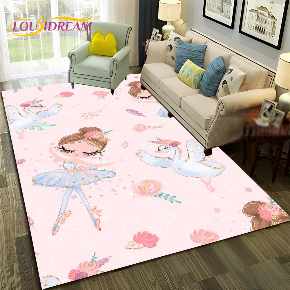 Cartoon Dream Ballet Girl Ballerina Swan Carpet Rug for Home Living Room Bedroom Sofa Doormat Decor,kids Area Rug Non-slip Mat