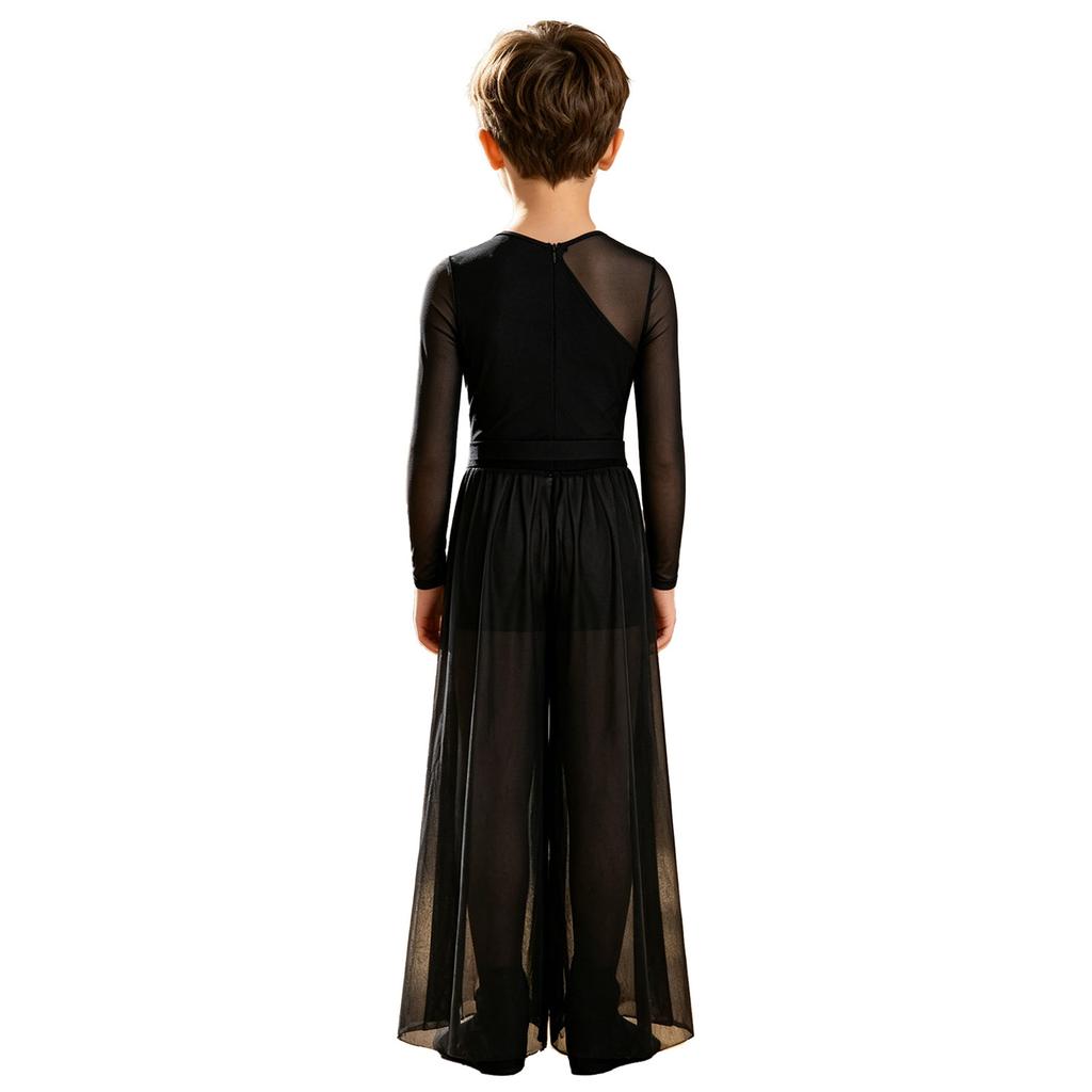 Boys Lyrical Dance Outfit Long Sleeve V-neck Back Invisible Zipper Bosyduit with Split Mesh Pants