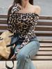 In-Stock Spicy Leopard Print Off-Shoulder Top: Waist-Cinching, Slimming, Long-Sleeved T-Shirt