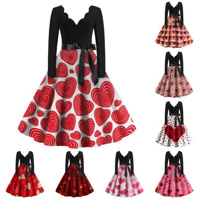 Women's Casual Fashion Valentine's Day Printed V-Neck Retro Long-Sleeve Dress