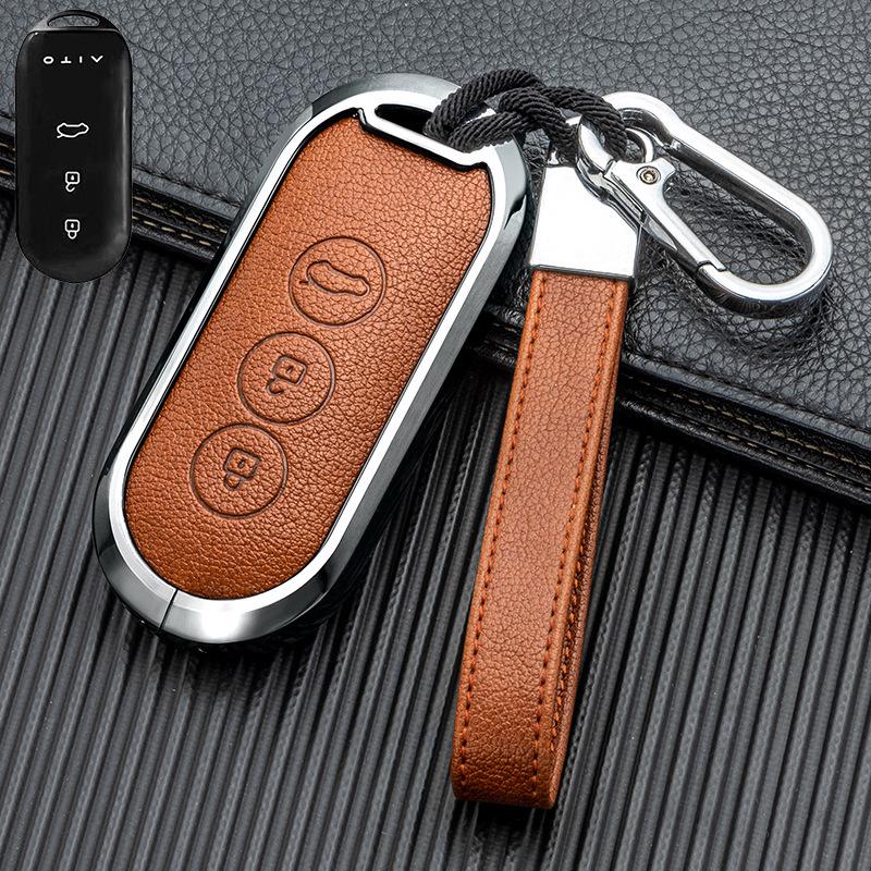 Business Style Double-Sided Leather Key Shell for AITO M7/M5 EV 2022 Model - Full Coverage Metal Car Key Case