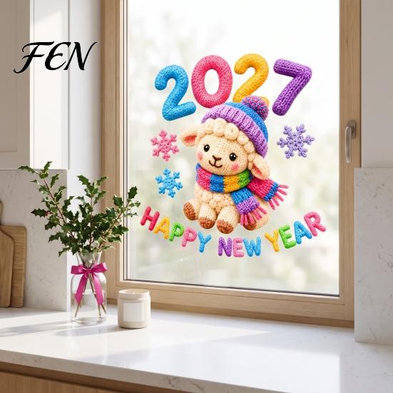 Winter Theme Window Decals Chinese New Year Stickers, 2027 Goat Static Clings, Reusable Removable Art Crochet Knit Lamb Decals, Decor for Home