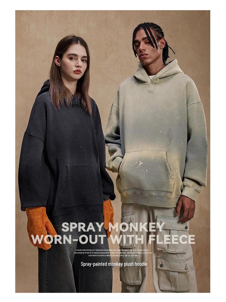 Unisex Trendy High Street Monkey Spray Paint Loose Hoodie – Autumn/Winter Plus Velvet Pullover