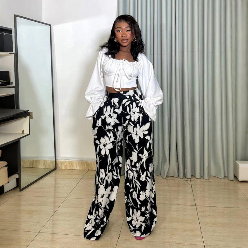 

Cy901924 Fashion Fashion Casual and Comfortable Suit Two-piece Set Long Sleeves Tops Match Loose Print Loose Pants White L