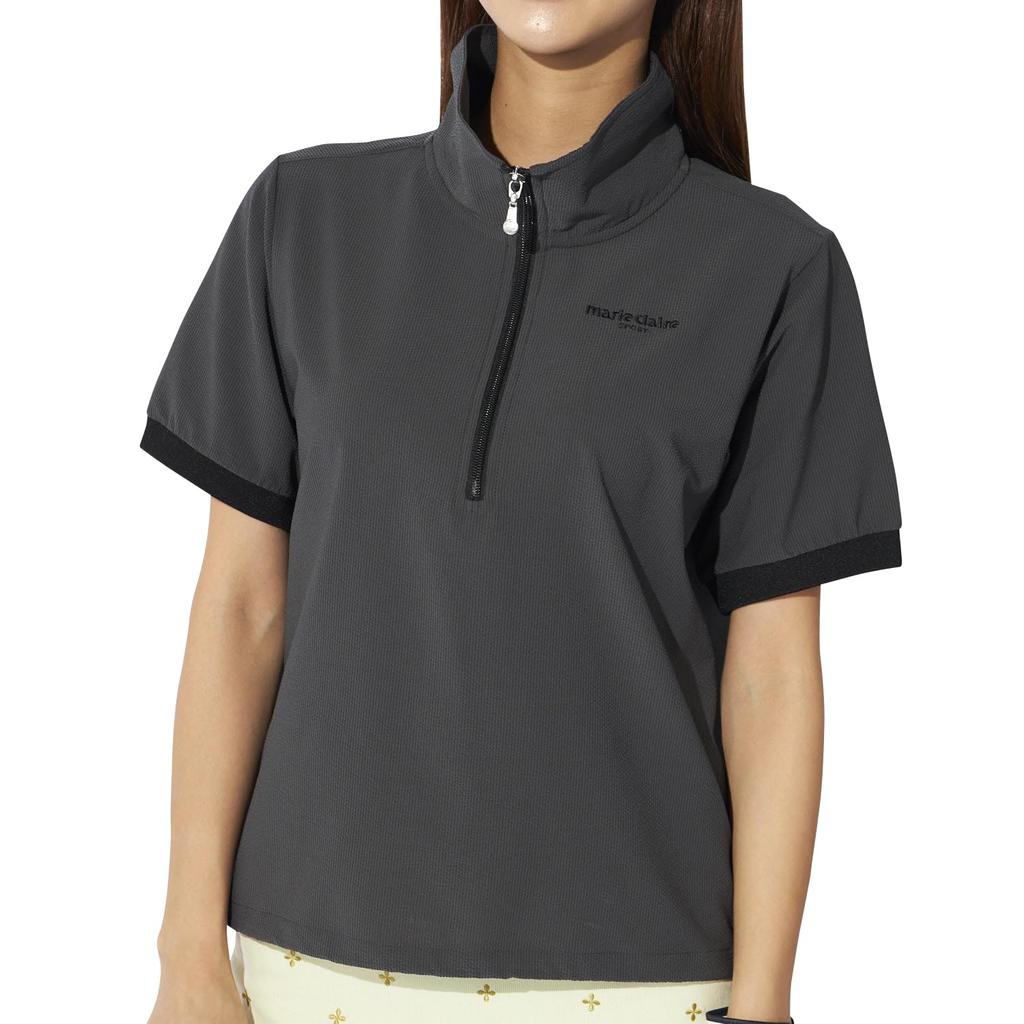 Marie Claire Soccer UV Dry 715661 Women's Half-Zip Short-Sleeve Shirt, Fabric, Protection, Fit, Black,