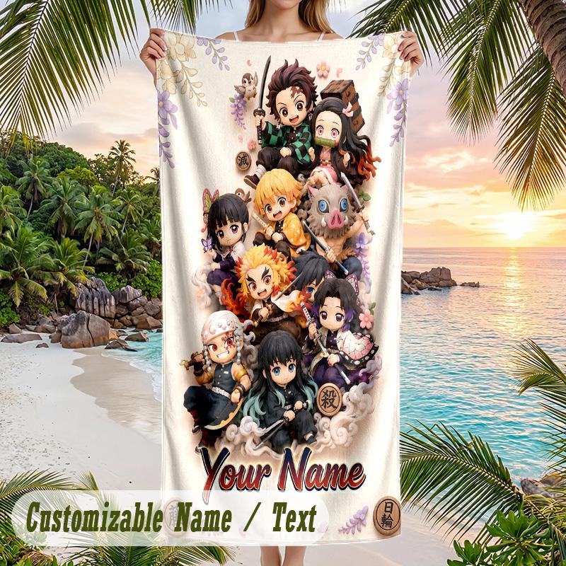 Demon Slayer Beach Towel, Personalized Custom Name Text, Quick Dry Large Absorbent Towel For Beach Pool