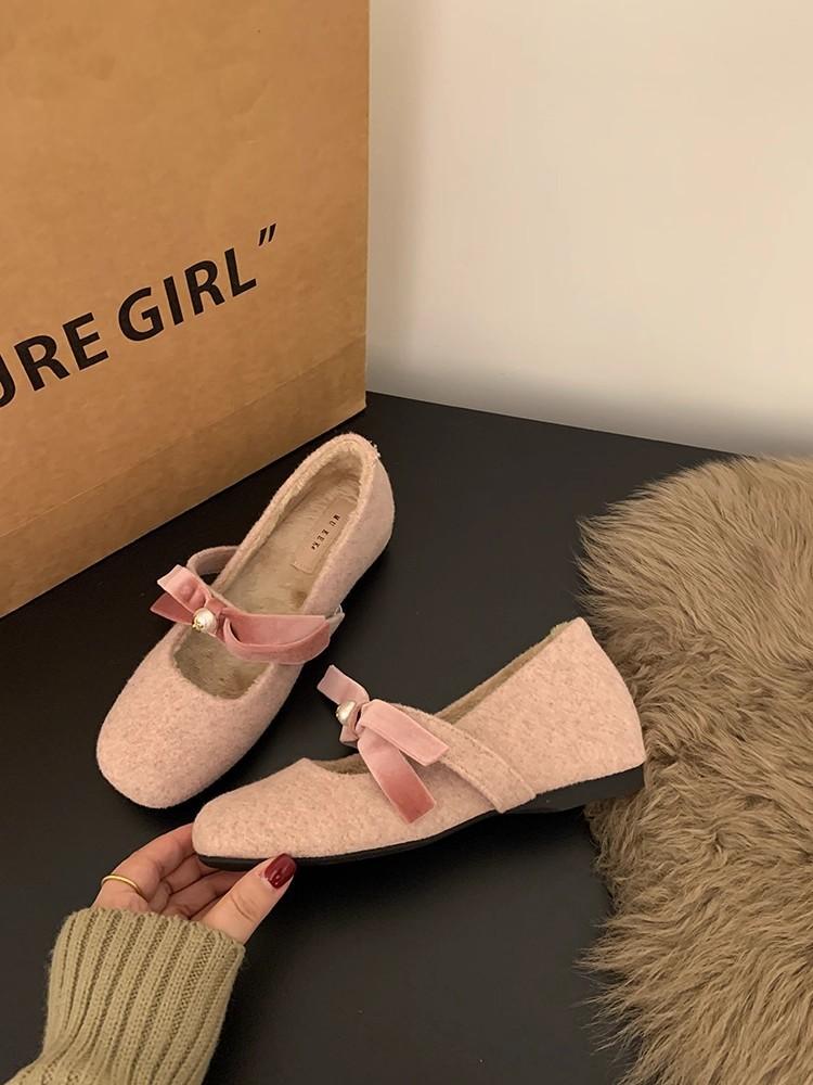 Inner Height Increase Pink Mary Jane Fluffy Shoes Women's Shoes 2025 Autumn and Winter Warm Cotton Shoes Bow Pearl Cotton Shoes
