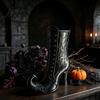 Mysterious Desktop Accent Gothic Witch Boot Vase, Halloween Table Centerpiece Black Spider Web Style Gift High Heel, Flower Holder for