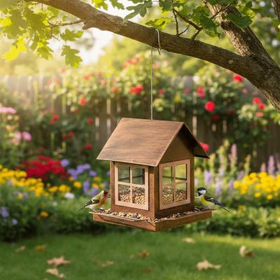 Bird Raising Tool Hanging Bird Feeder House Shape Large Capacity Bird Food Bowl Metal Windproof Parrot Feeding Station Farmhouse