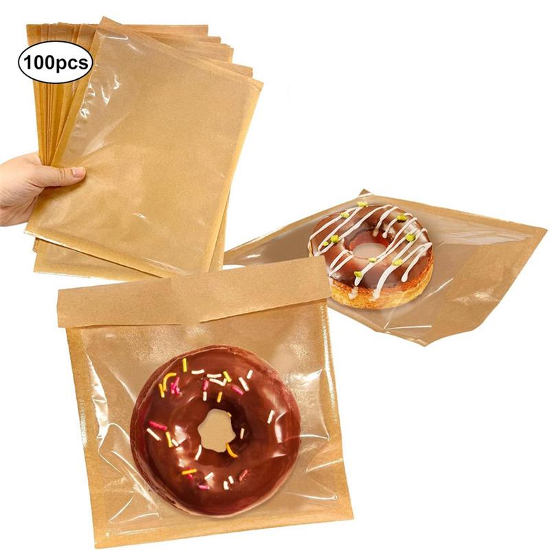 100Pcs Heat Seal Bakery Bags, Grease Proof Kraft Paper Biscuit Packaging Cake Bags For Packaging Donut Dough Baked Goods-B61B