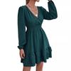 Spring New Arrivals V-Neck Long Sleeve Ruffles A-Line Dress for Women