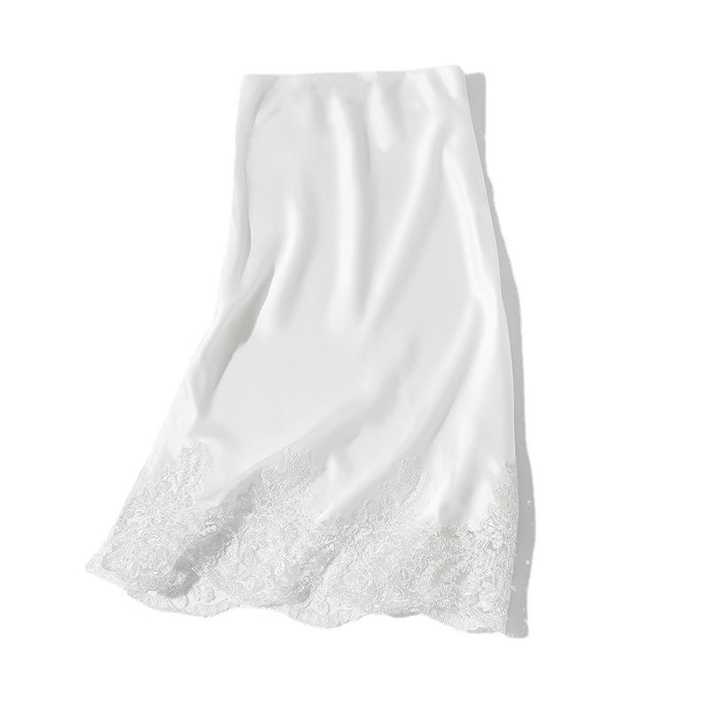 Women's Summer 2022 French Acetate Midi Skirt with Embroidered Lace and Slit Hem