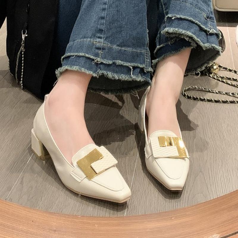 Fashion Women's Spring Season Medium Heel Comfortable Soft Work Shoes Genuine Sheepskin Coarse Heel Pointed Toe Loafers