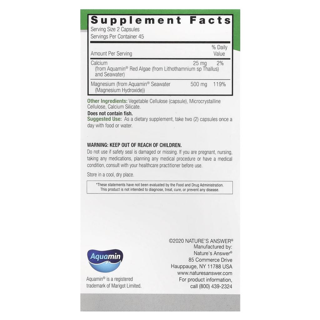 Nature's Answer Marine Magnesium, 500Mg, 90 Veggie Caps (250Mg Per Capsule)