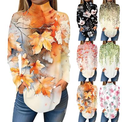 Women's Fashionable Casual High Neck Printed Long Sleeve T-Shirt Pullover Top