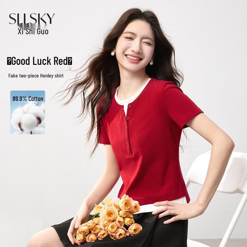 Women s Spliced Henley Collar Fake Two-Piece T-Shirt XL