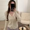 Korean V-Neck Pleated Knitted Cardigan Women'S Spring And Autumn Chic Single-Breasted Slim-Fitting Short Top