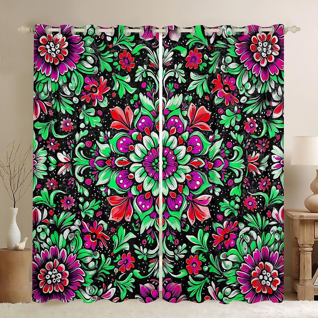Room Darkening Mandala Curtain Vintage Tribal Exotic Floral Window Curtains Drapes Southwestern Colorful Retro Flower Bohemian Polyester Washable