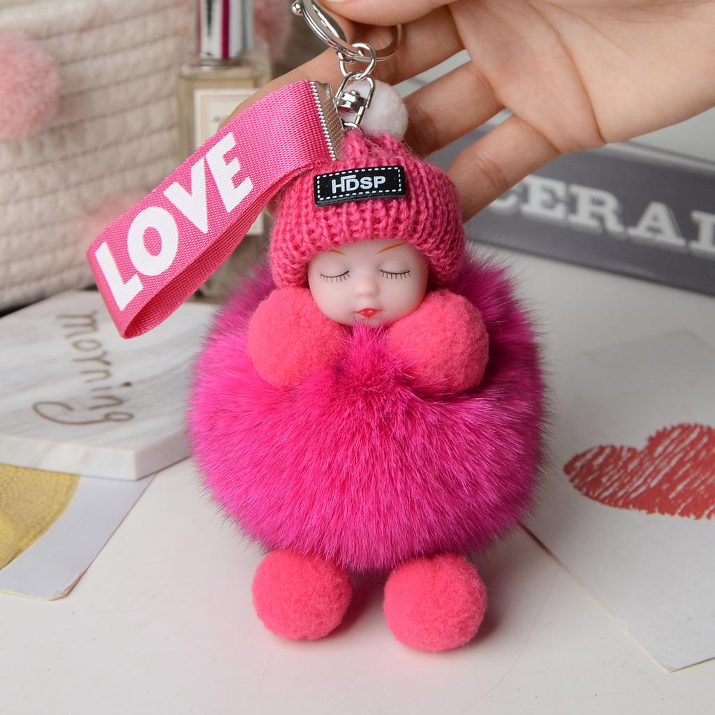 Pompom Sleeping Baby Keychain Cute Fluffy Plush Doll Keyholder Women Girl Bags Keyrings Cars Key Ring Gift Charming Decoration