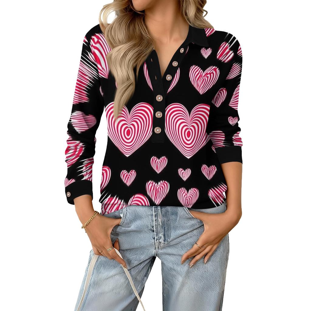 Damen Retro Street Lässiger V-Ausschnitt Langarm Knopf Valentinstag Herz Pullover Top