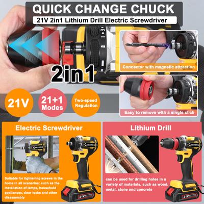 Geevorks 21V 2in1 Lithium Drill Electric Screwdriver Multi-function Power Tool High Torque