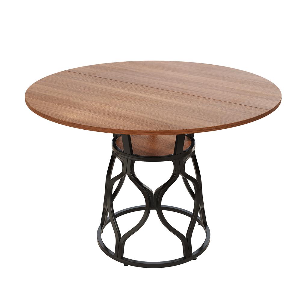Round Dining Table 100x100x75 Cm, Kitchen Table for 4-6 People with Integrated Shelf, MDF Tabletop In Walnut Look, Modern Metal Frame, Space-saving.