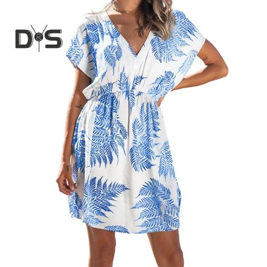 

Женское летнее пляжное платье с V-образным вырезом и принтом листьев, эластичная резинка на талии, контрастный цвет, короткие рукава, накидка на бикини, мягкое, быстросохнущее, женское мини-платье для отпуска M белый