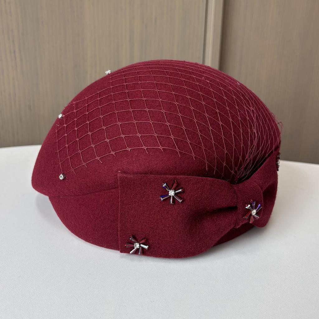 European And American Temperament Wool Beret Women'S Bow Mesh Rhinestone Stewardess Hat Elegant Styling Felt Top Hat