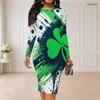 Women Plus Size Round Neck Long Sleeve Dark Green Clover Printed Bodycon Midi Dress