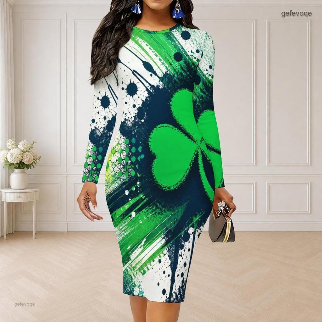 Women Plus Size Round Neck Long Sleeve Dark Green Clover Printed Bodycon Midi Dress