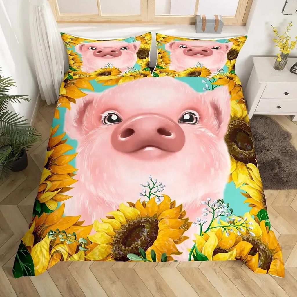 Cute Pig sunflowers Florals Pink Grid Lattice Plaid Comfortable Duvet Quilt Cover Pillowcase Bedding Set Bedroom Home Textile