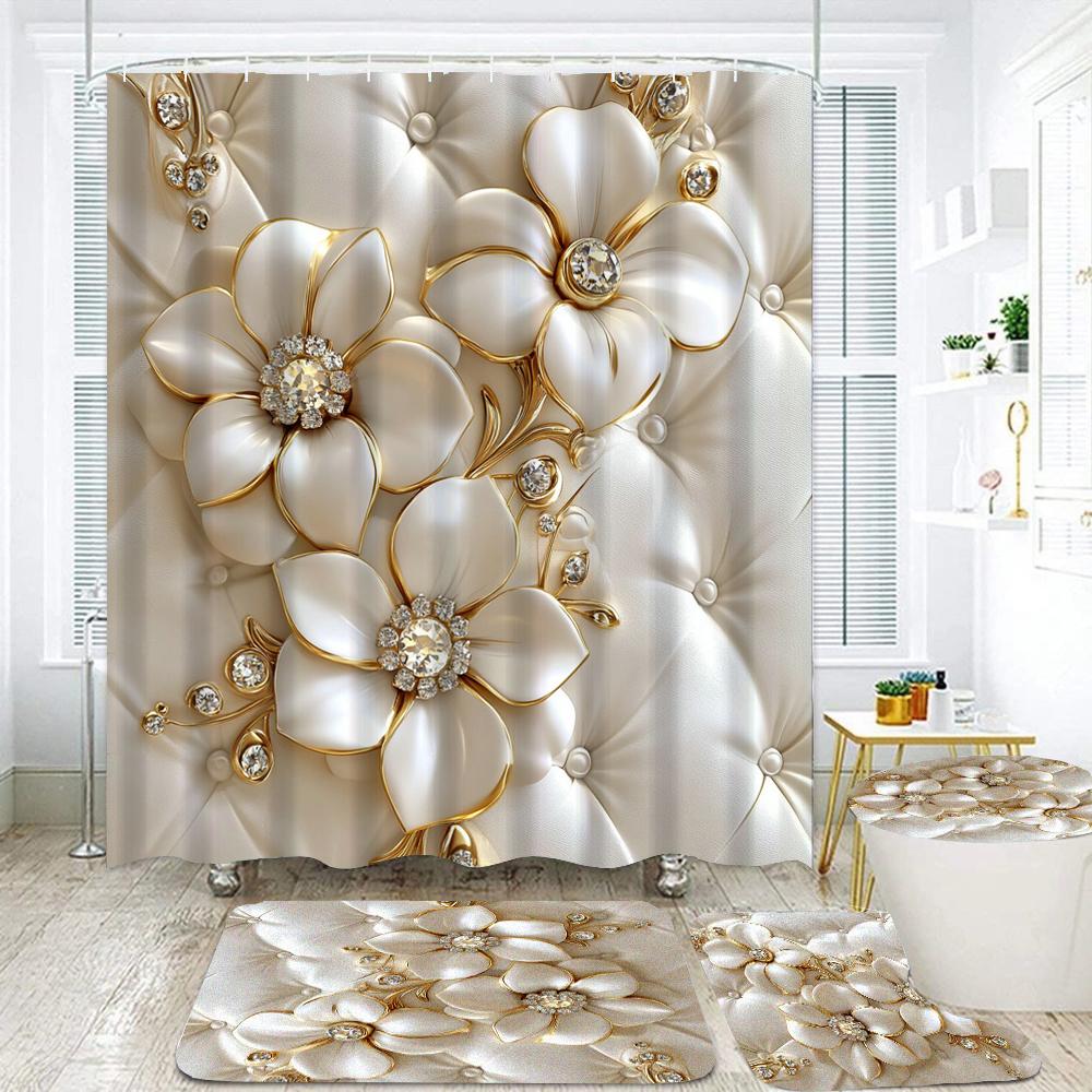 Elegant Bouquet Of Fantastic White Flowers 3D Style Shower Curtain Bathroom Curtain With Bath Rug Carpet Set Floral Home Decor