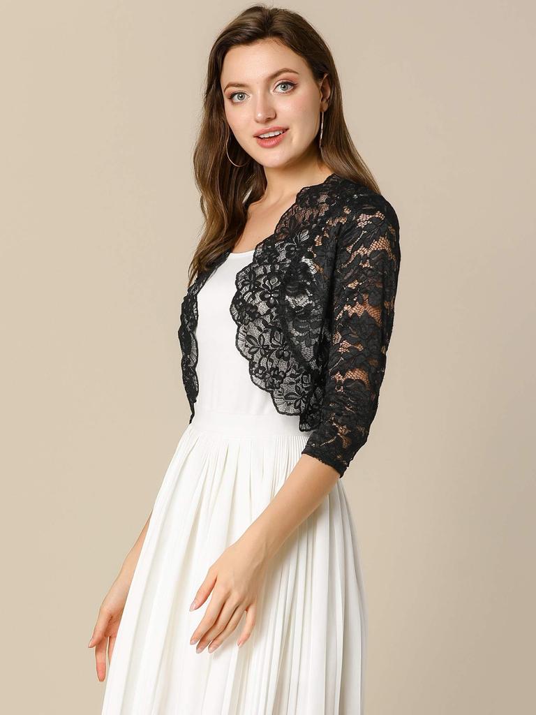 Allegra K Lace Full Sheer Floral Print Shrug Open Size 2XL Bolero, Lace, Top, 3/4 Sleeves, Front, Elegant, Women's, Black,